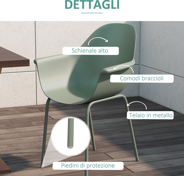 Outsunny Set 4 Sedie da Giardino con Piedini Antiscivolo, in PP e Acciaio, 59x55x84 cm, Verde | Aosom Italy