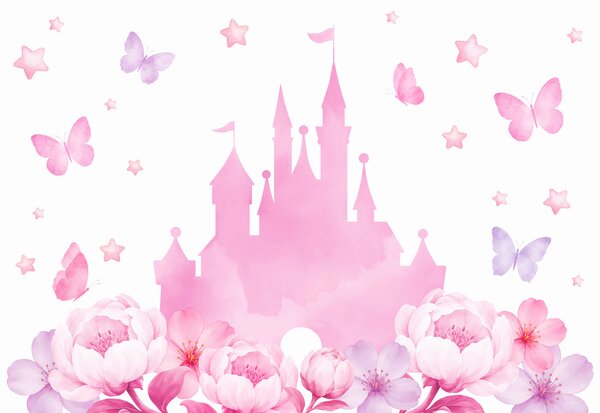 Carta da parati Castello rosa con farfalle e fiori, Carta da parati Farfalle, Carta da parati popolare, t01113 - Tapeko.it