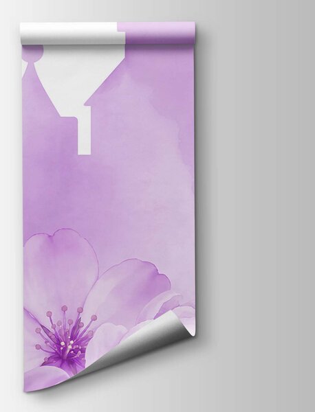 Carta da parati Castello viola con fiori e farfalle, Carta da parati Farfalle, Carta da parati popolare, t01113v2 - Tapeko.it