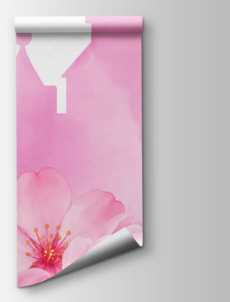 Carta da parati Castello rosa con farfalle e fiori, Carta da parati Farfalle, Carta da parati popolare, t01113 - Tapeko.it