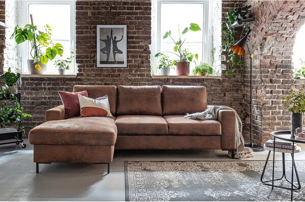 Divano letto vintage in similpelle marrone, angolo sinistro Lofty Lilly - Miuform