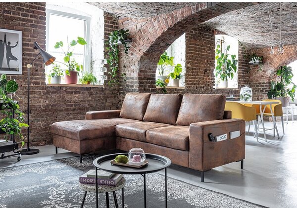 Divano letto vintage in similpelle marrone, angolo sinistro Lofty Lilly - Miuform
