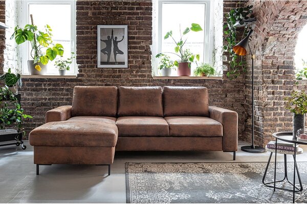 Divano letto vintage in similpelle marrone, angolo sinistro Lofty Lilly - Miuform