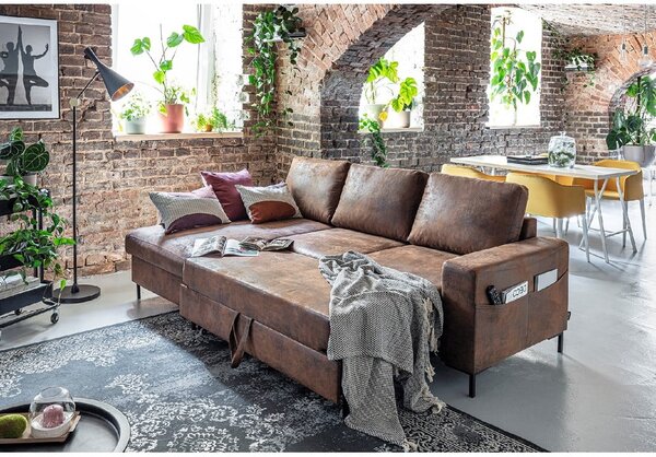 Divano letto vintage in similpelle marrone, angolo sinistro Lofty Lilly - Miuform