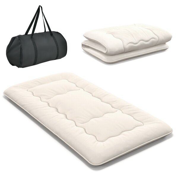 Costway Materasso futon portatile con copertura lavabile sacca da trasporto, Tappeto arrotolabile per pavimento 90cm Beige
