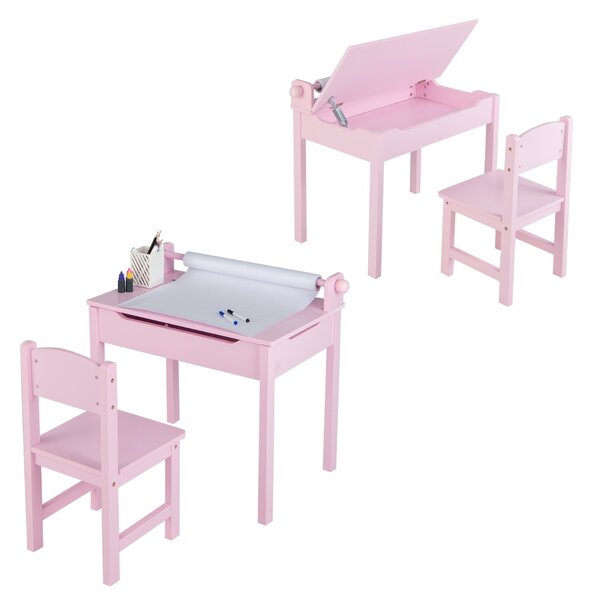 Costway Tavolo per bambini con sedia vano portaoggetti e portarotolo per disegnare giocare, Set di tavolino con sedia Rosa