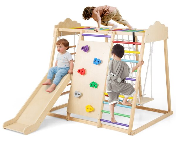 Costway Palestra da interno 8-in-1 con scivolo rimovibile, Giocattoli da arrampicata in legno per bambini 3+ anni Multicolore