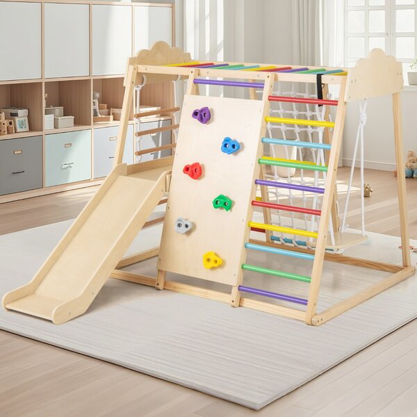 Costway Palestra da interno 8-in-1 con scivolo rimovibile, Giocattoli da arrampicata in legno per bambini 3+ anni Multicolore