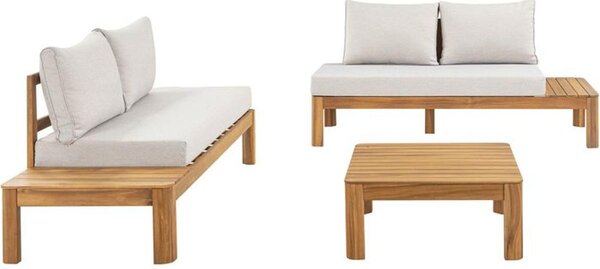 Set da esterno SANA per 4 persone: 2 divani fissi e un tavolino da caffè, entrambi realizzati in legno di acacia , con finitura in legno oliato. Cuscini in tessuto idrorepellente di colore grigio chiaro