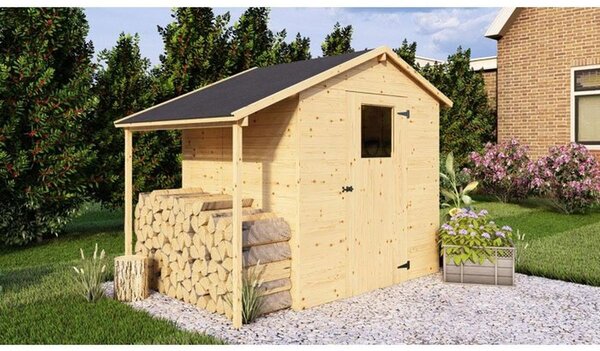 Casetta da giardino in legno di abete/pino non trattato, con tettoia a sbalzo, pannelli da 12 mm, aspetto del legno grezzo, dimensioni 2,96 m² + 0,88 m², tetto in feltro bituminoso, senza pavimento