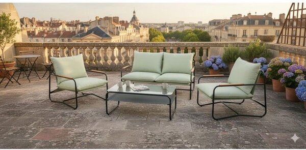 PROLOISIRS XERES: Set lounge per 4 persone, composto da 4 elementi con cuscini, colore grafite, e tavolino in vetro