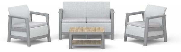 Set da salotto esterno Keter SCANDI LINEA per 4 persone: divano a 2 posti, 2 poltrone e tavolino, struttura color tortora, cuscini color beige
