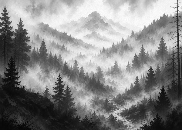 Carta da parati Paesaggio montano con nebbia e alberi, Carta da parati Natura, Carta da parati popolare, t00800 - Tapeko.it