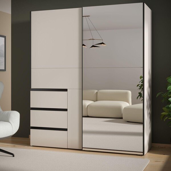 Armadio - 2 ante scorrevoli 3 cassetti - Decorazione Sabbia e specchio - L170,3 x P61,2 x H200,5 cm - WINN 2
