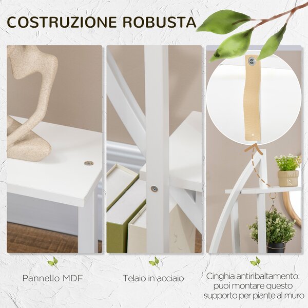 Outsunny Portafiori a 5 Livelli a Mezzaluna per Interni ed Esterni in MDF e Acciaio, 50x30x160 cm, Bianco|Aosom