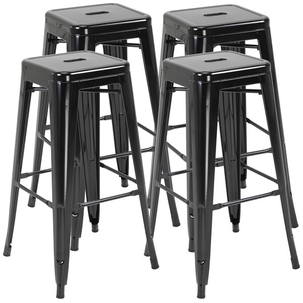 HOMCOM Set di 4 Sgabelli Alti con Poggiapiedi e Piedini Antiscivolo 76cm, in Metallo, Nero|Aosom