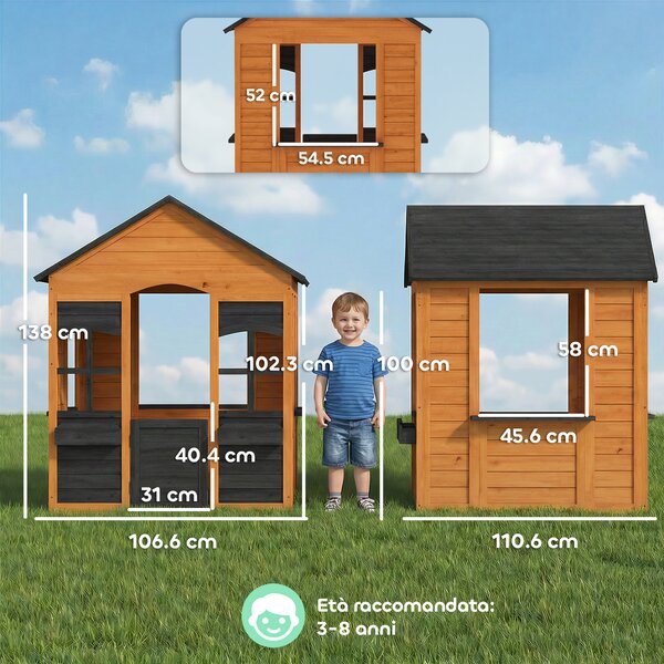 AIYAPLAY Casetta in Legno Bambini con Vasi Fiori, per Gioco Esterno/Interno, Età 3–8, Marrone | Aosom Italy