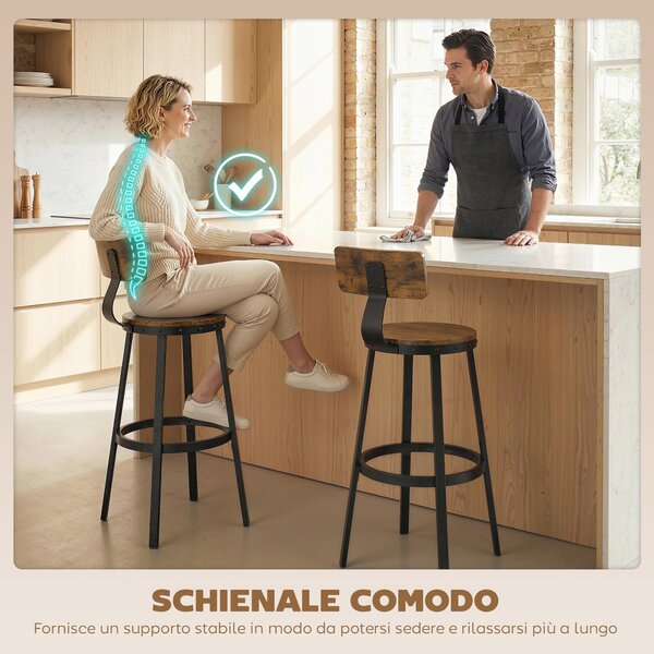 HOMCOM Set 2 Sgabelli da Bar Stile Rustico con Poggiapiedi, in Legno e Metallo, 37x47x96 cm, Marrone | Aosom Italy