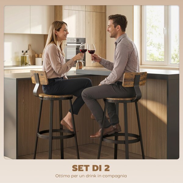 HOMCOM Set 2 Sgabelli da Bar Stile Rustico con Poggiapiedi, in Legno e Metallo, 37x47x96 cm, Marrone | Aosom Italy