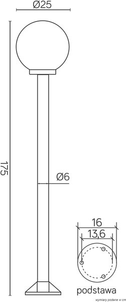 Lampada da giardino 175 cm sfera bianca o fumé 25 cm 1xE27 nero IP43 SU-MA Kule K 5002/1/K 250