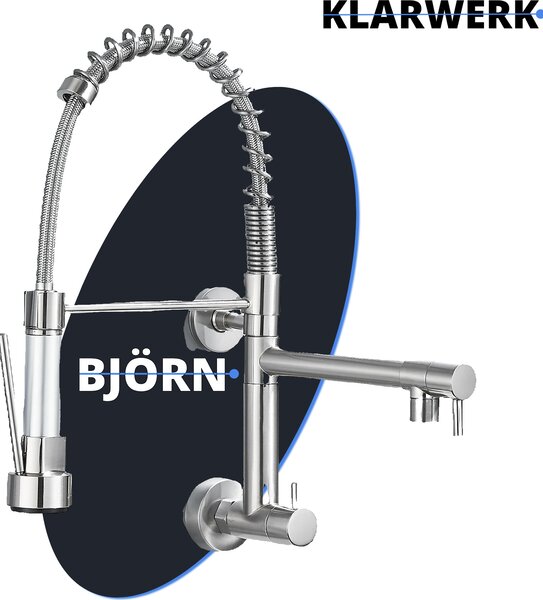 KLARWERK® Björn | Rubinetto per acqua fredda da incasso a parete per la ristorazione, argento | Rubinetto da cucina in acciaio inossidabile con due doccette | Rubinetto per doppio lavello da ristorante