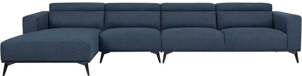 Divano ad angolo componibile - 4 posti - LEONIE - Tessuto blu chambray - Schienali regolabili - 357 x 175 x 75 cm