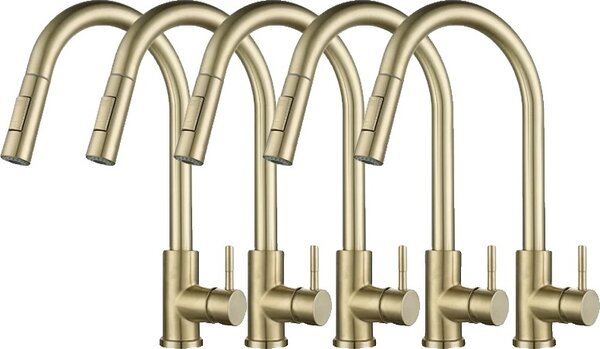 Rubinetto da cucina estraibile, acciaio inox, design girevole, nichel oro 5 pezzi