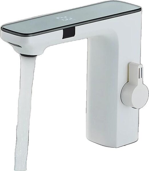 Miscelatore a sensore touch-free per lavabo, display digitale, monocomando, acqua calda e fredda, rubinetto per lavabo bianco