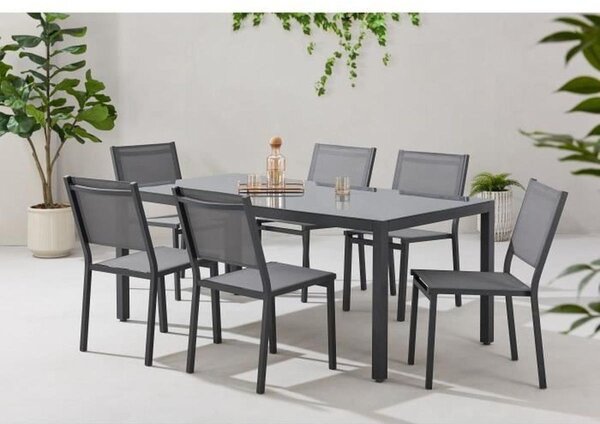 Set da giardino FA STAR per 6 persone: tavolo da giardino 180 x 90 cm (piano in vetro) + 6 sedie impilabili in tessuto Textilene, struttura in alluminio color antracite