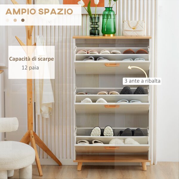 HOMCOM Mobile Scarpiera Salvaspazio in Truciolato con 3 Cassetti e 2 Ripiani Interni Regolabili, 70x23.5x122 cm, Bianco