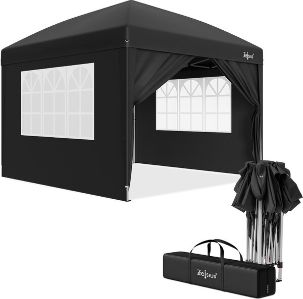 Gazebo pieghevole Zelsius 3x3 m con pareti laterali, nero, gazebo pieghevole UV30, tenda da giardino pieghevole