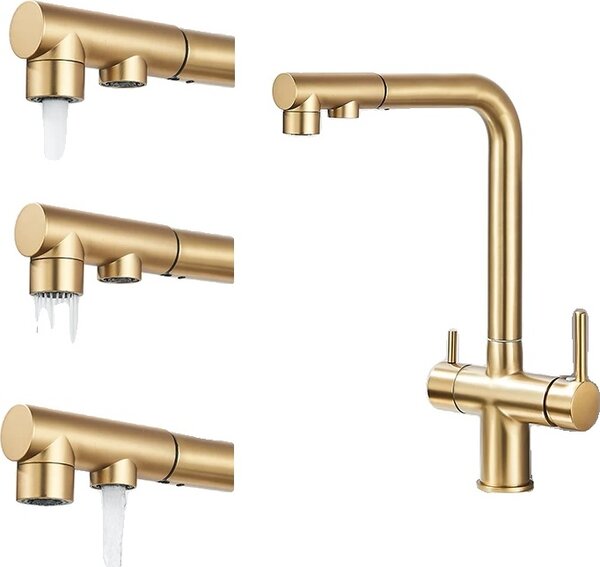 Rubinetto da cucina, design a doppia maniglia, rotazione di 360 gradi, oro spazzolato