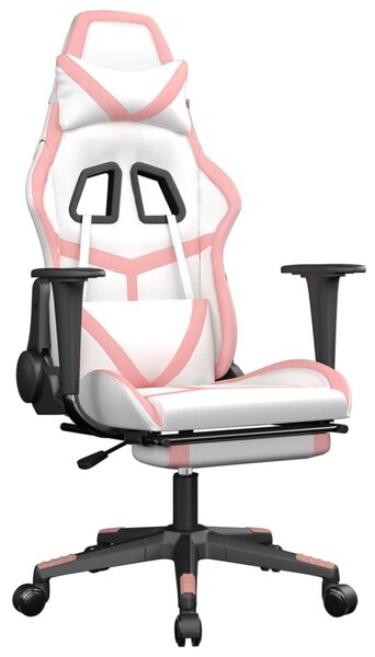 Sedia da gaming vidaXL con funzione massaggio e poggiapiedi, in ecopelle bianca e rosa