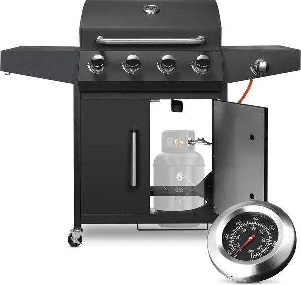 Barbecue a gas 4+1 bruciatori, 52000 BTU, struttura in acciaio inox, nero