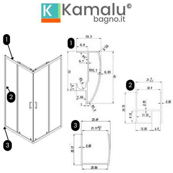 Box doccia 70x90 altezza 170cm vetro anticalcare trasparente | CHIARA EDGE-Q - KAMALU