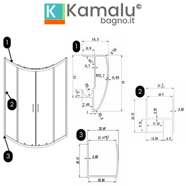 Box doccia basso 80x80cm semicircolare altezza 170cm | CHIARA CURV-Q - KAMALU