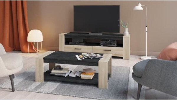 Set da soggiorno SHEFFIELD composto da: Tavolino doppio sopra e sotto + mobile TV con 2 cassetti