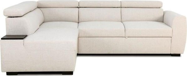 Divano angolare beige CASAPY KELIO con funzione letto per 4 persone, reversibile, dotato di 3 poggiatesta regolabili (6 posizioni), vano contenitore per lenzuola e cuscini per 2 persone e tavolino integrato