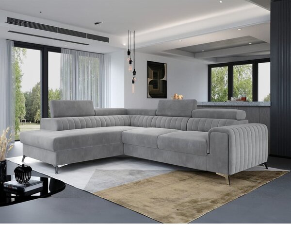 Divano angolare grigio allungabile/con contenitore (con penisola a sinistra/a L) e rivestimento in velluto Laurence – ELTAP