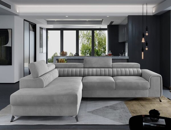 Divano angolare grigio allungabile/con contenitore (con penisola a sinistra/a L) e rivestimento in velluto Laurence – ELTAP