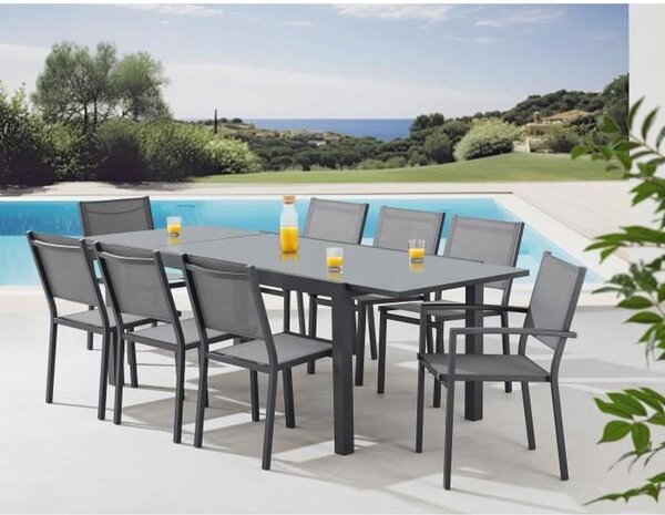 Set da pranzo SABAIDECO per 8 persone, tavolo da giardino allungabile da 180–240 cm (alluminio/vetro) con 2 poltrone e 6 sedie, colore grigio