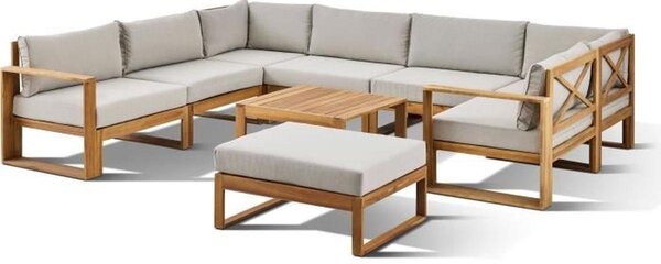BOCARNEA LEVATA XXL: Set modulare per area relax esterna, adatto fino a 9 persone, realizzato in legno di acacia , con rivestimento in lino grigio, reversibile