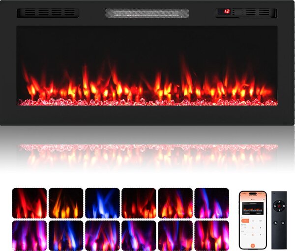 COSTWAY Caminetto elettrico da 42'' 750W/1500W, caminetto da incasso a parete Caminetto elettrico con APP WLAN-capace, telecomando, 12 colori di fiamma e 5 luminosità