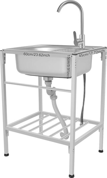 Lavabo freestanding, struttura in acciaio inox, rubinetto per acqua calda e fredda, argento