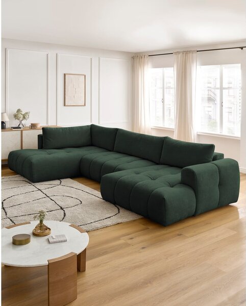 Divano angolare verde allungabile e con contenitore (penisola a sinistra/a U) con rivestimento in ciniglia Fuji – Bobochic Paris