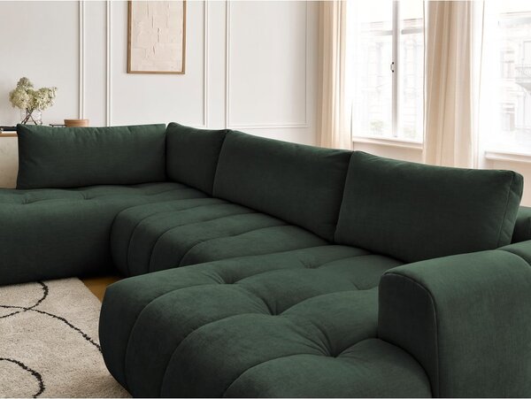 Divano angolare verde allungabile e con contenitore (penisola a sinistra/a U) con rivestimento in ciniglia Fuji – Bobochic Paris