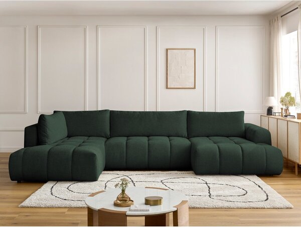 Divano angolare verde allungabile e con contenitore (penisola a sinistra/a U) con rivestimento in ciniglia Fuji – Bobochic Paris