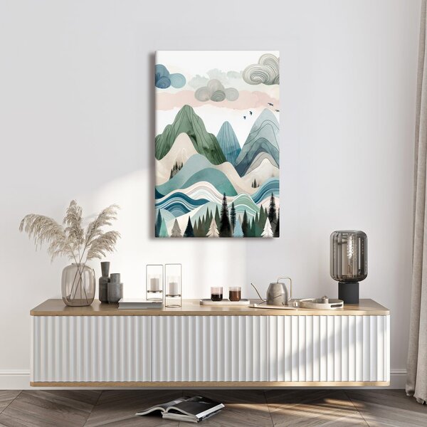 Quadro su tela – Montagne pastello e foresta scura