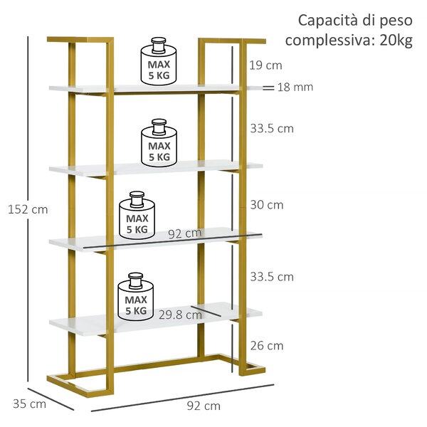 HOMCOM Scaffale Libreria a 4 Livelli in MDF e Acciaio, Mobile Libreria con Base Rialzata, 92x35x152cm, Bianco e Oro | Aosom Italy