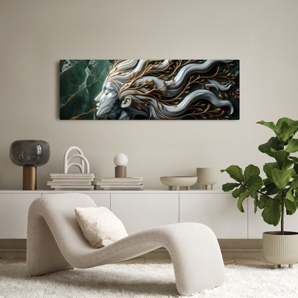 Quadro su tela – Donna unita alla natura con foglie dorate